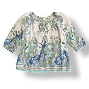 Charter Club Linen Paisley Peasant Top 1X White Blue Green 3/4 Sleeve Resort